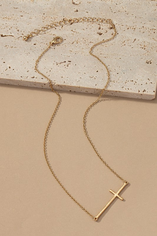 Hammered Sideways Cross Necklace