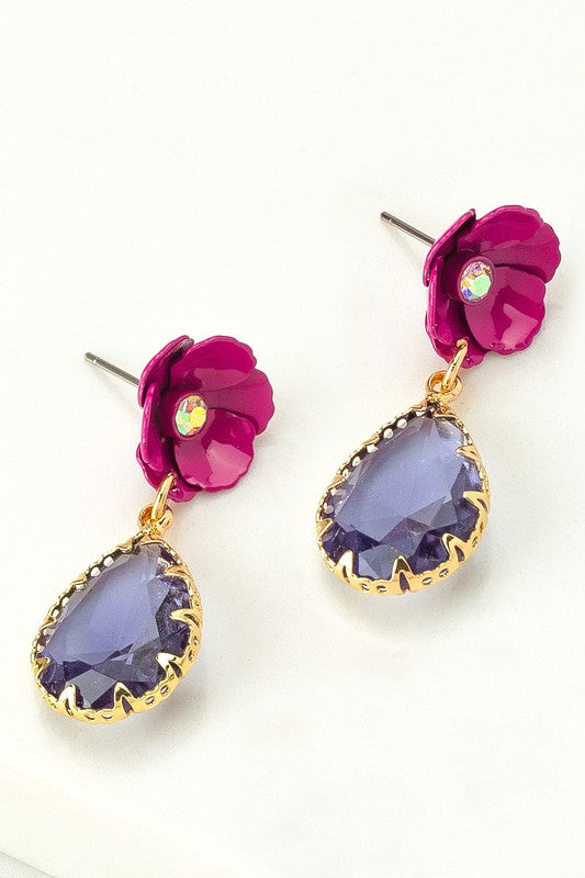 Fuchsia flower stud earrings with gem stone drop