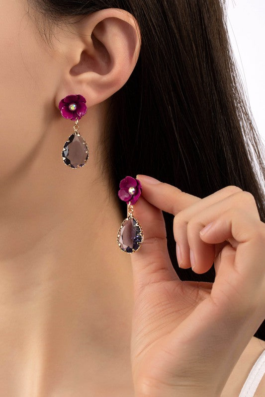 Fuchsia flower stud earrings with gem stone drop