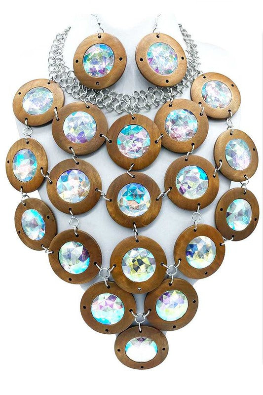 Crystal Wood Disk Statement Bib Necklace Set