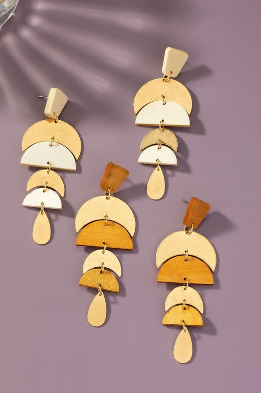 Linear wood and metal drop earrings