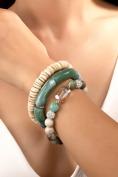 3 row semi precious stone and wood bead bracelets