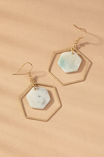 Hexagon hoop and stone drop earrings