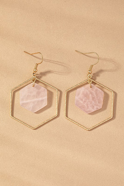 Hexagon hoop and stone drop earrings