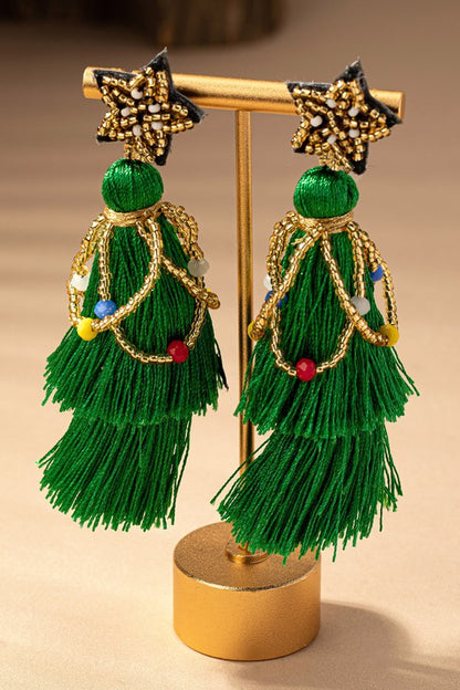 seed bead star and tassel Xmas tree drop earrings