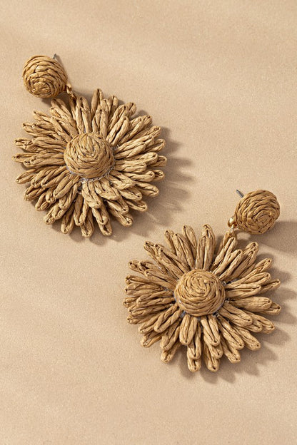 Raffia straw flower drop earrings