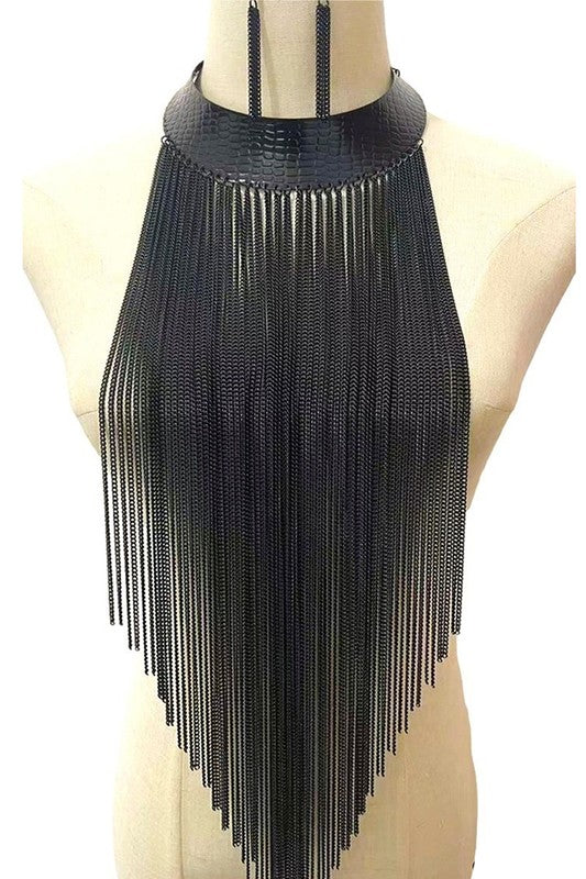 Fringe Chain Collar Statement Long Necklace Set